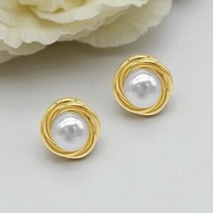 Adorina Pearl Framed 14K Gold Plated Stud Earrings Elegant NIB